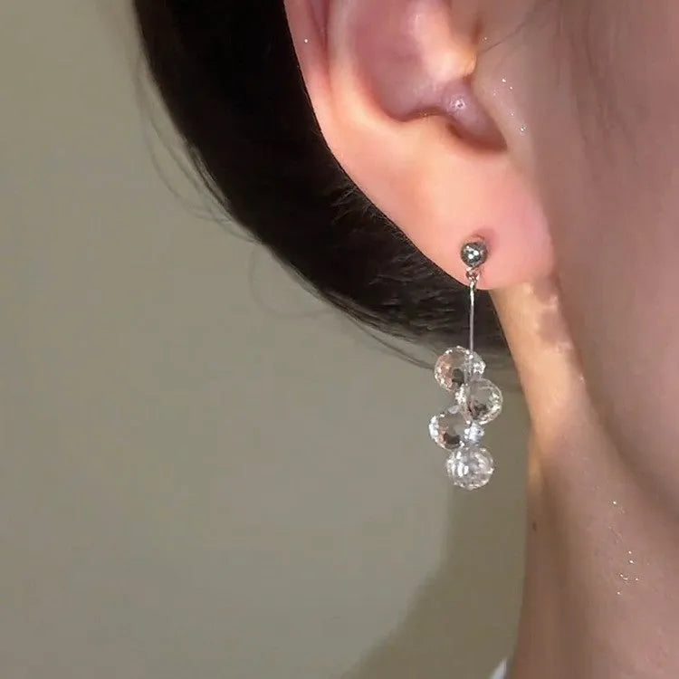 Silver needle crystal tassel earrings with geometric round shape and silver needle-silver colour for women