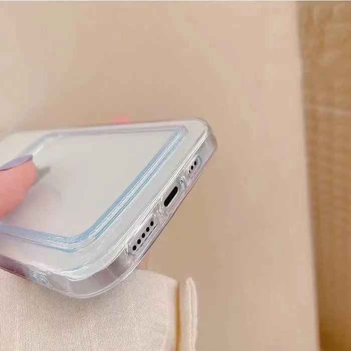Clear transparent phone case for Apple iPhone with a built-in card wallet pocket on the back.
