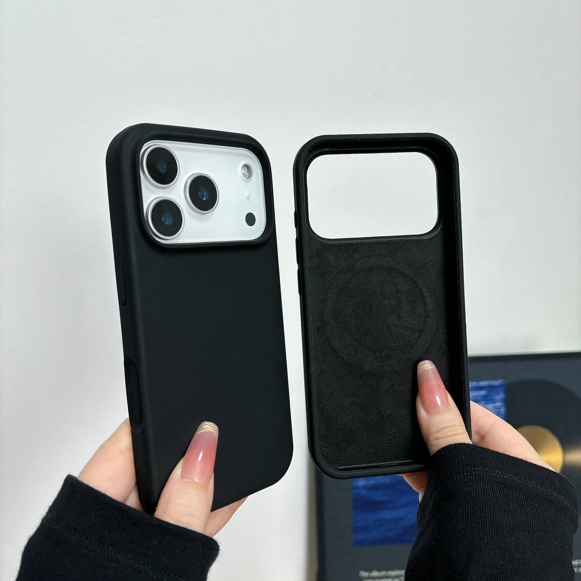 Liquid silicone magnetic charging phone case for iPhone with a dedicated AI button, shown in antique white colour.