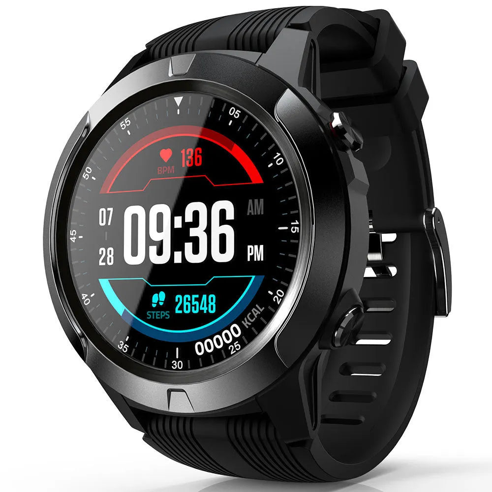 Black men's smart watch with 1.3-inch screen showing heart rate and exercise tracking display