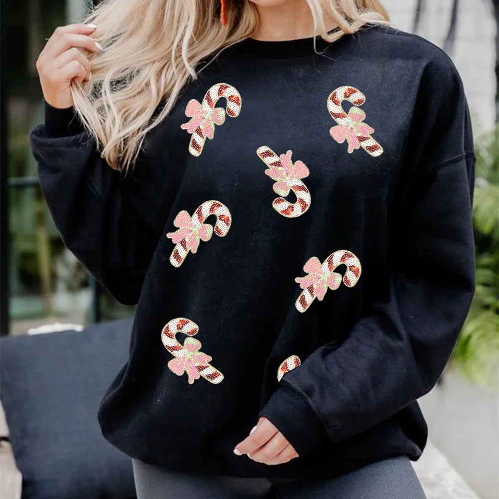 Women's black loose-fit sweatshirt with candy-coloured sequin pattern on front