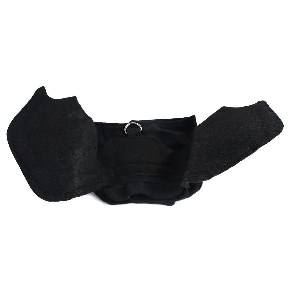 Black cloth dog Halloween bat costume with 3D foldable wings on a small pet