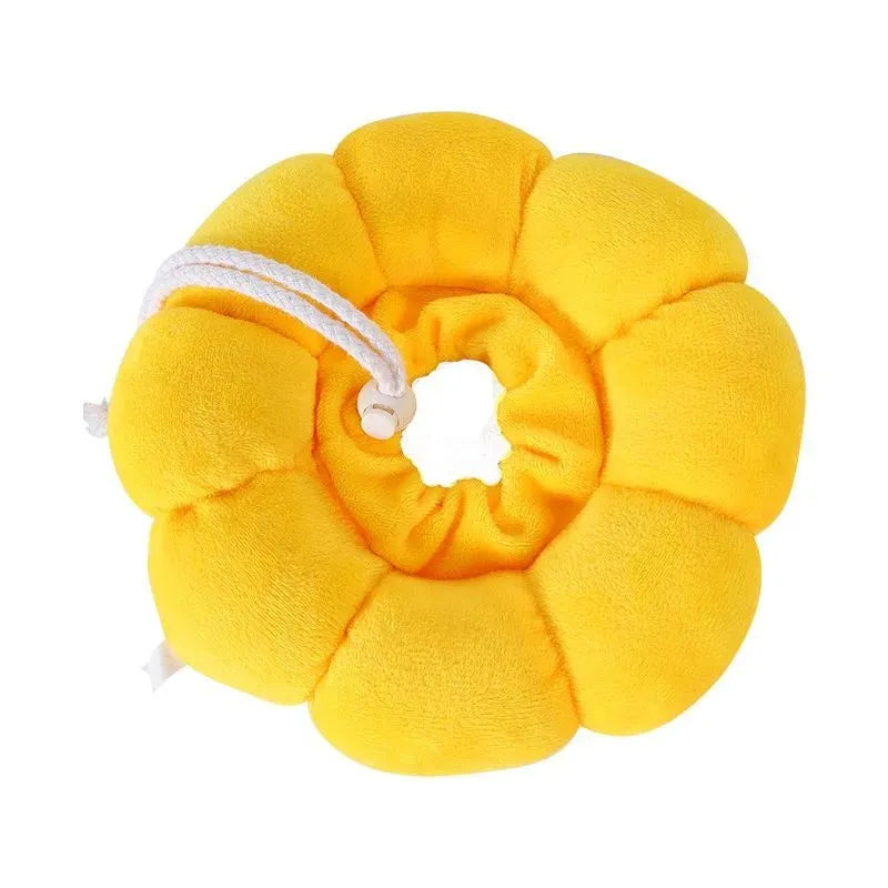 Sunflower patterned cotton recovery collar for a cat or small dog, shown with adjustable hook-and-loop strap.