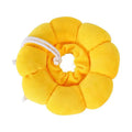 Sunflower patterned cotton recovery collar for a cat or small dog, shown with adjustable hook-and-loop strap.