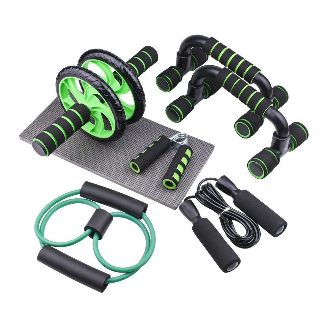 Set of seven abdominal wheels with dual handles in red, green, black, and blue colours for home fitness training.