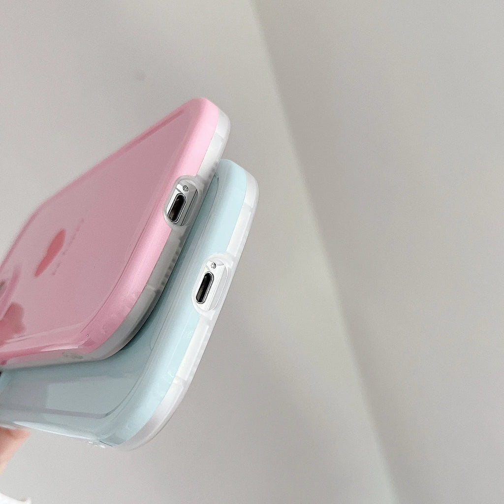 Cute macaron colour love phone case for iPhone in pink, purple, blue, and white options with TPU PC hard back cover