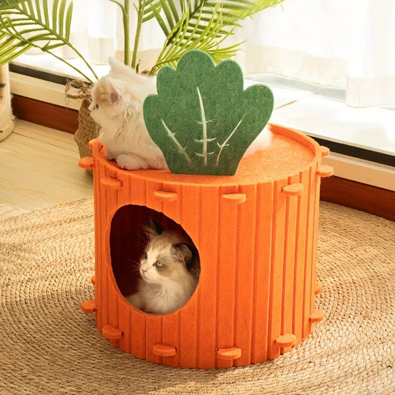 Orange felt carrot-shaped cat nest with a round tunnel entrance, shown in medium and large sizes.