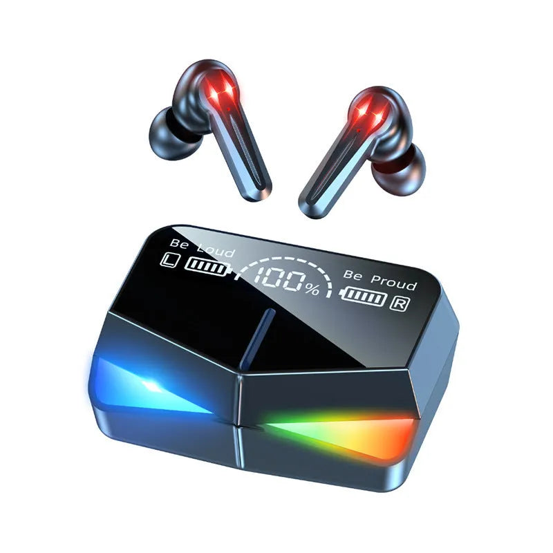 E-sports Bluetooth gaming headset with earplug design showing battery display and wireless connectivity