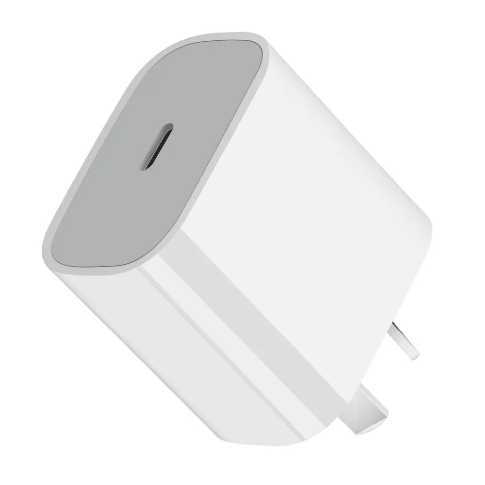 White 20W PD charger with USB-C port and international plug adapters