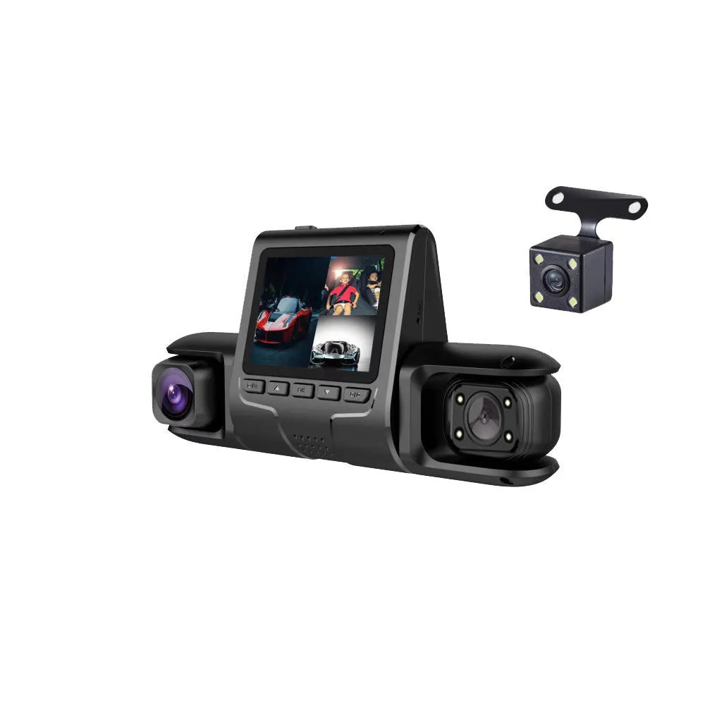 Car reversing camera system with 2.4 inch display, 1080p front and rear recording, and 3 or 4 lens co-display options