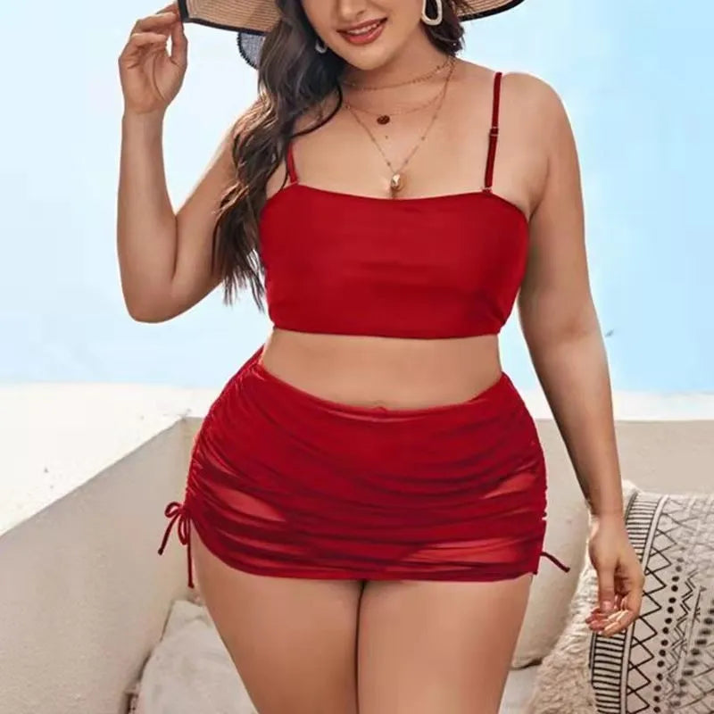 Women's solid colour mesh bikini three-piece set with top, underwear, and apron
