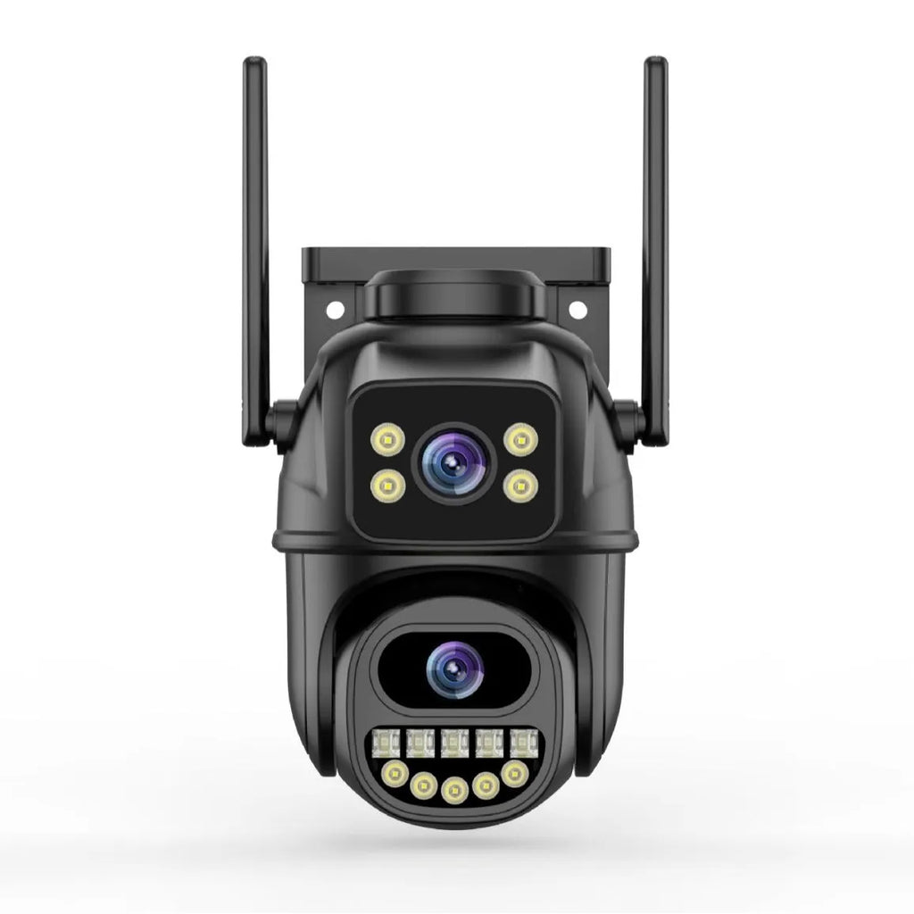 Black binocular gun ball linkage wireless surveillance camera with dual-screen humanoid tracking and hoistable bracket