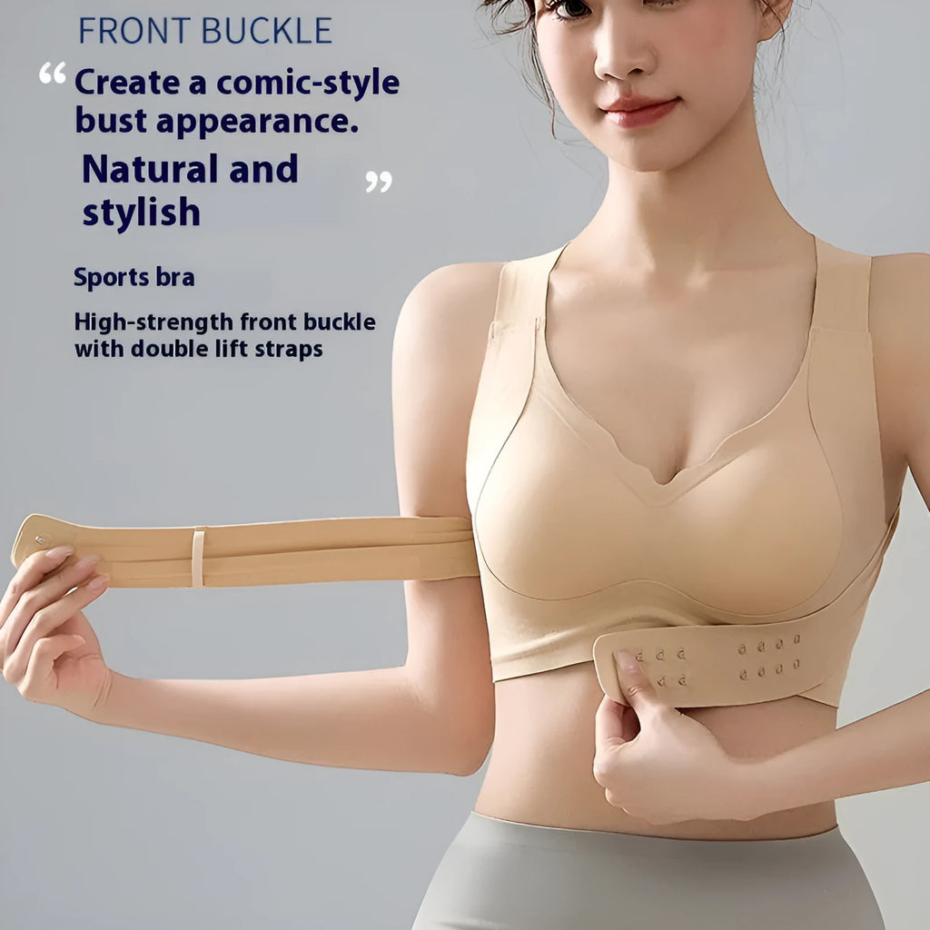 Women's nylon yoga bra with front buckle closure and contoured back.