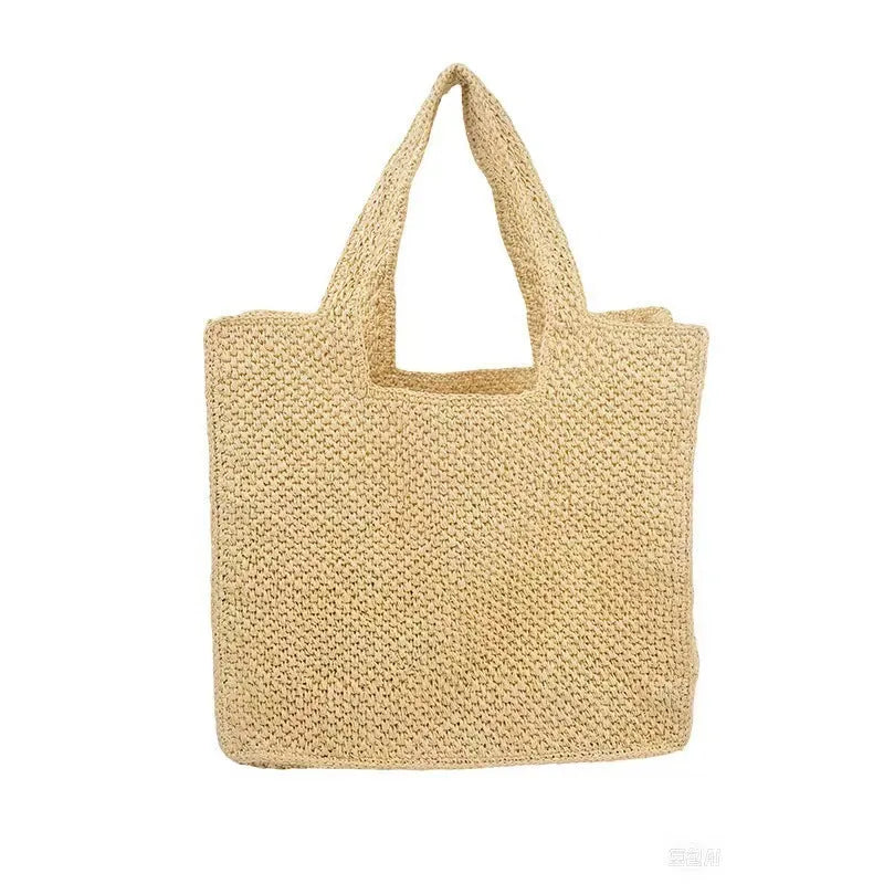 Horizontal square woven straw tote bag with open pockets and double shoulder straps
