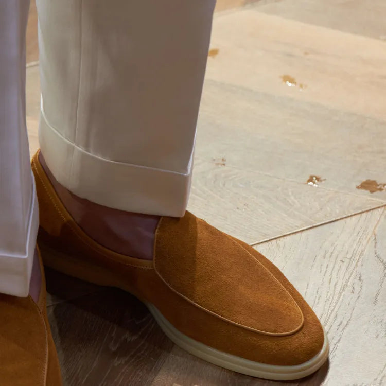 British handmade men's leather loafers in various colours showing full grain upper and TPR sole.