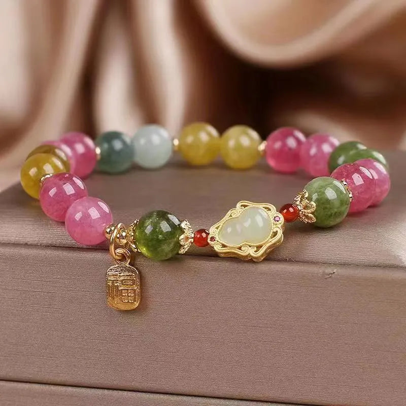 Women's gourd blessing card bracelet with colourful tourmaline stones and electroplated floral design