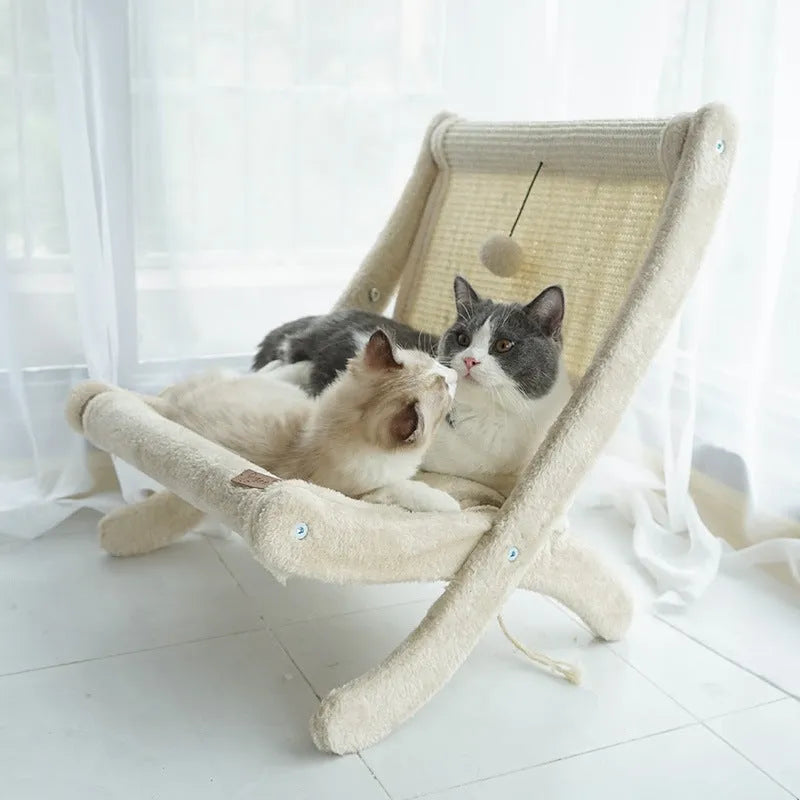 Cat sofa bed sunbathing chair in beige or dark grey with back mat, made from sisal, wood, corrugated paper, and hemp rope