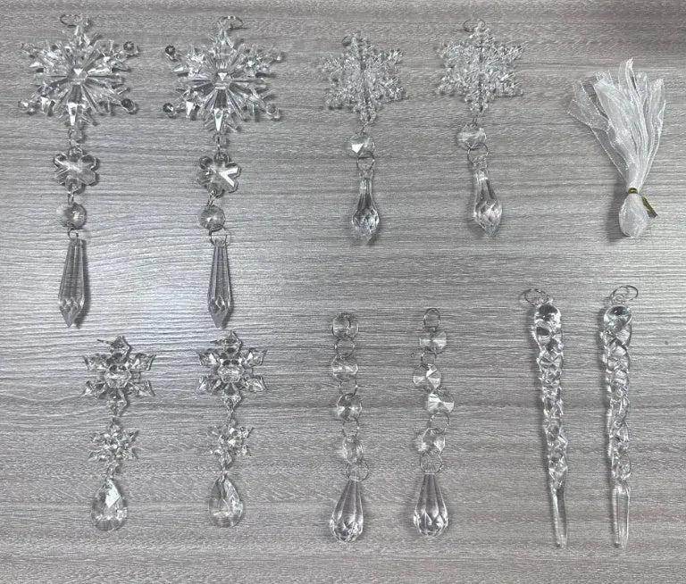 Set of 10 transparent acrylic icicle and snowflake Christmas tree hanging ornaments with ribbons.