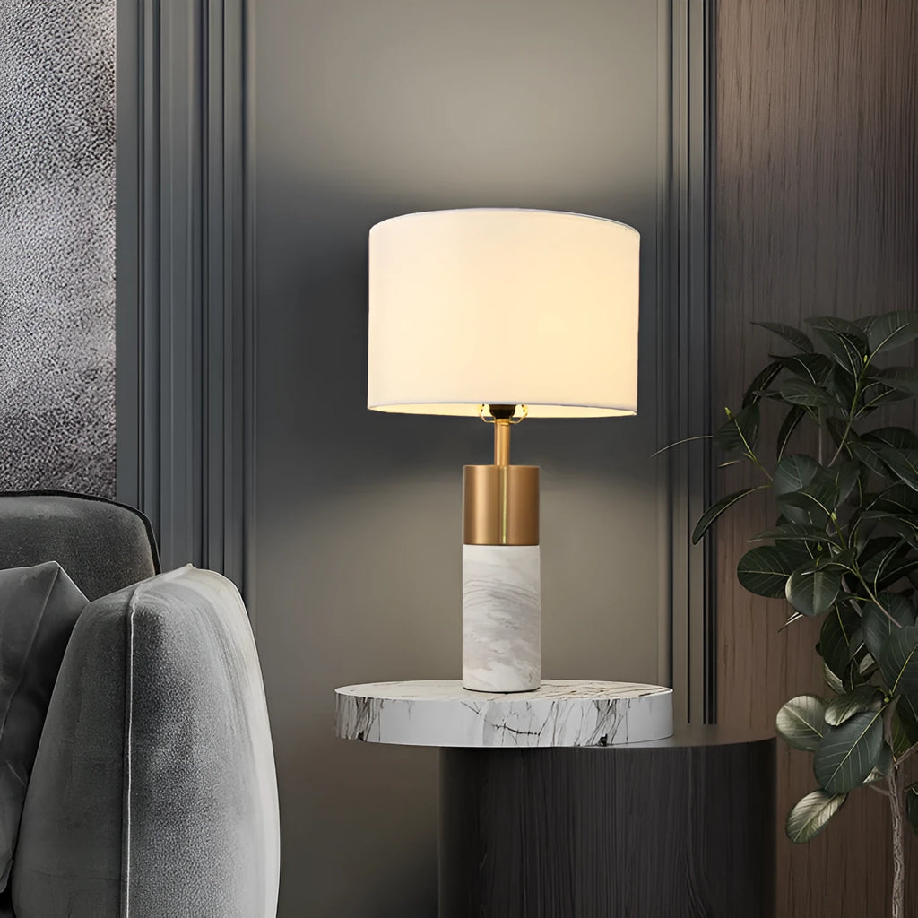 Postmodern marble table lamp with cloth shade, electroplated hardware, E27 cap, 32x55cm, in black or white marble