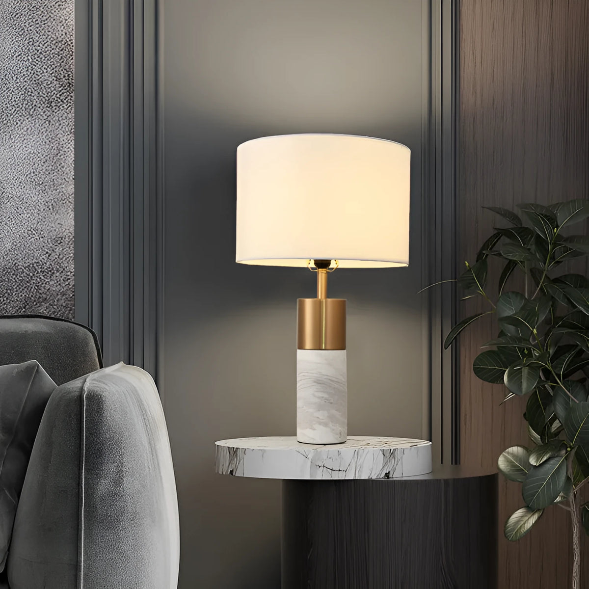 Postmodern marble table lamp with cloth shade, electroplated hardware, E27 cap, 32x55cm, in black or white marble