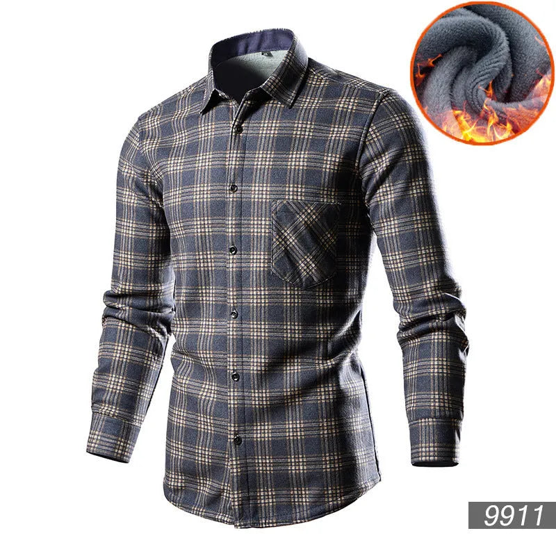 Men's loose-fit fleece-lined cotton blend cardigan shirt in a solid colour.