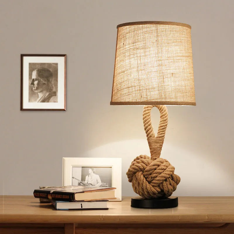 American retro metal table lamp with white fabric shade, hemp rope detail, 220V, 4kg, shown as a single tabletop lamp