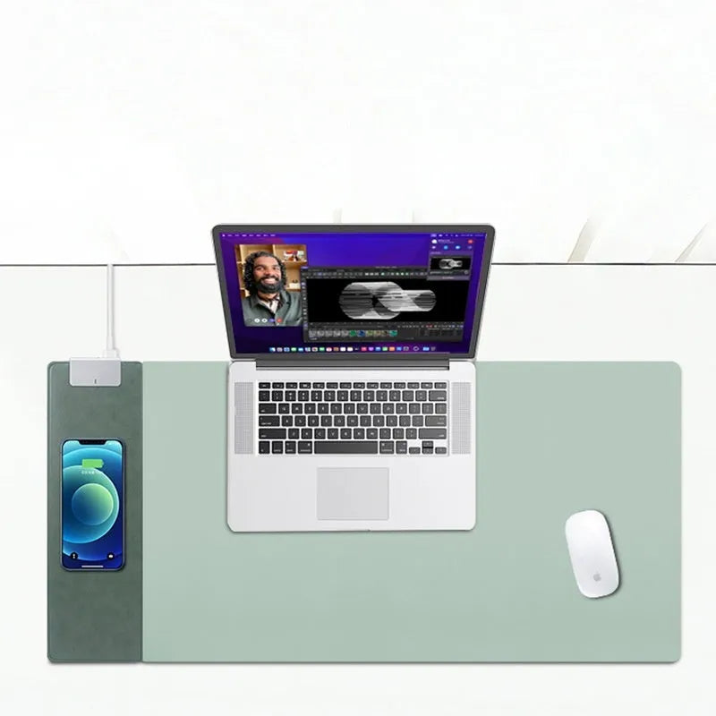15W fast charging mouse pad with wireless charging desk mat in solid colour, 388x818mm PU leather surface