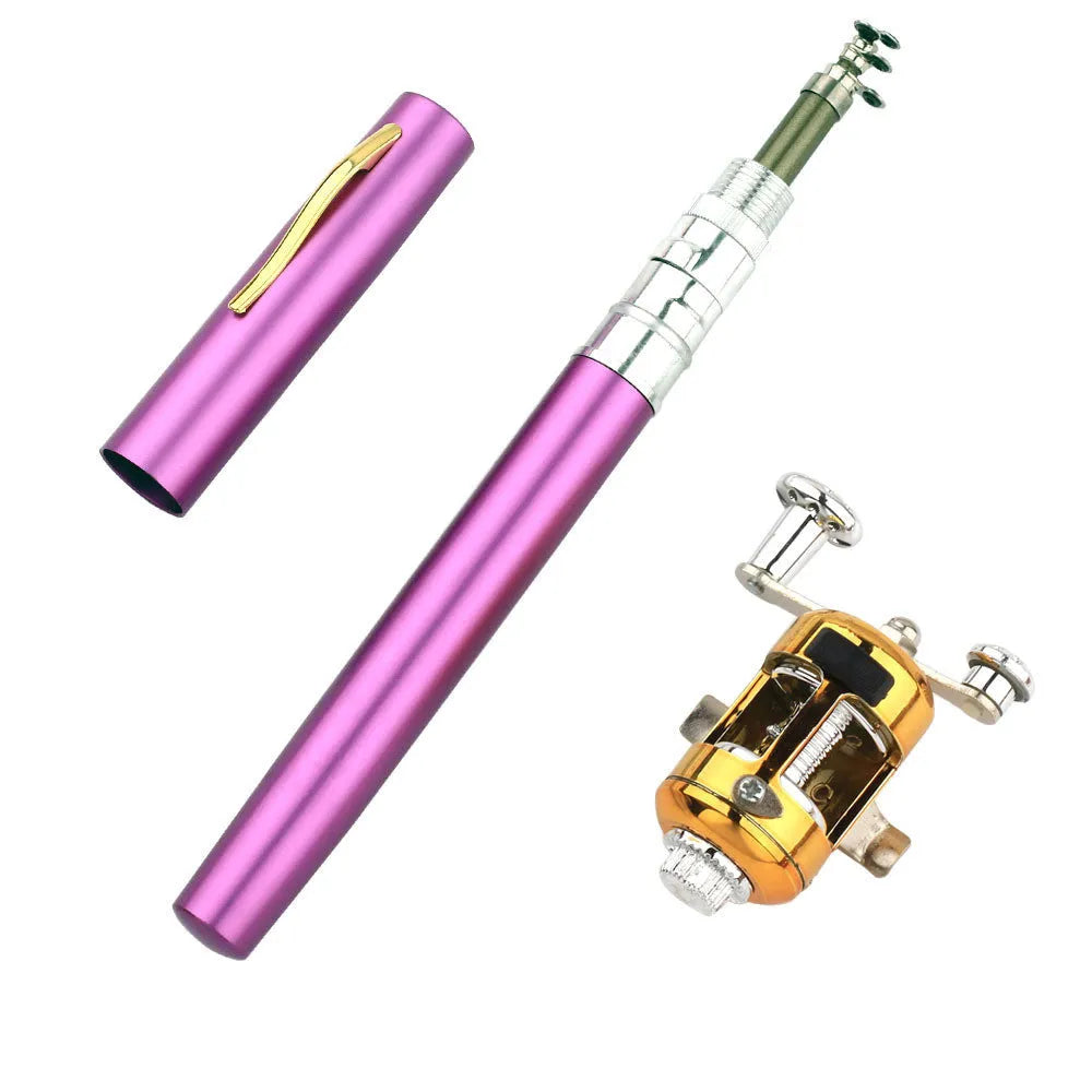 Portable telescopic pen fishing rod collapsed to 20.5cm next to its detachable plastic reel, shown in gold colour.