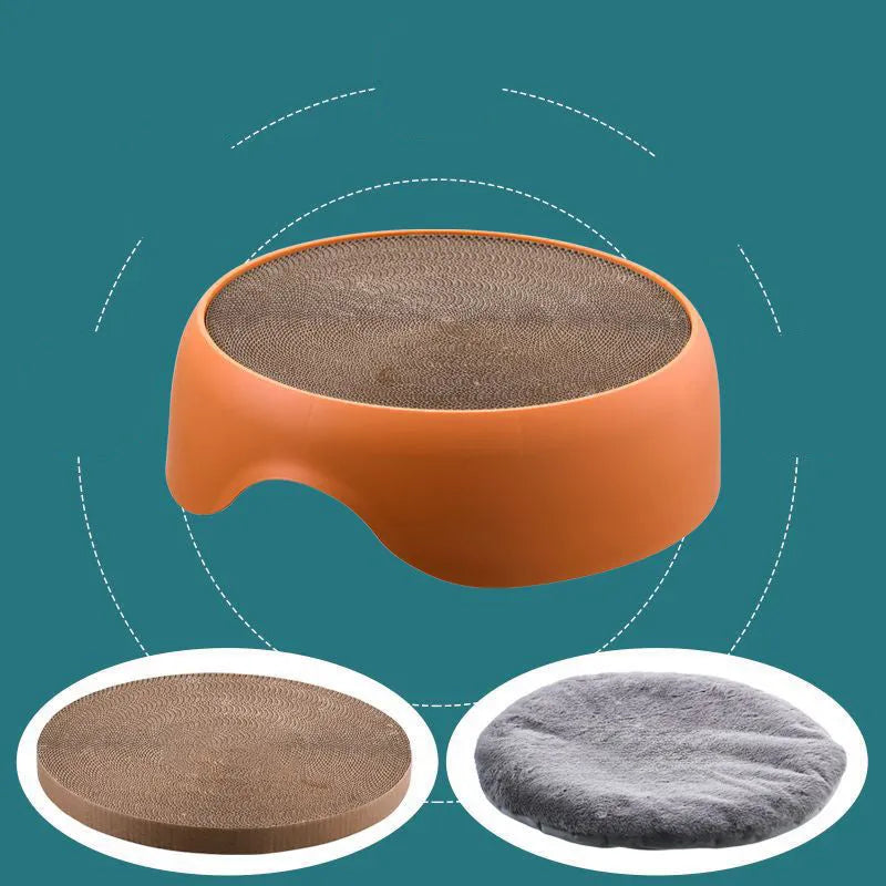 Cat nest scratching bowl with thick plush mat in blue, green, and orange for all-season use
