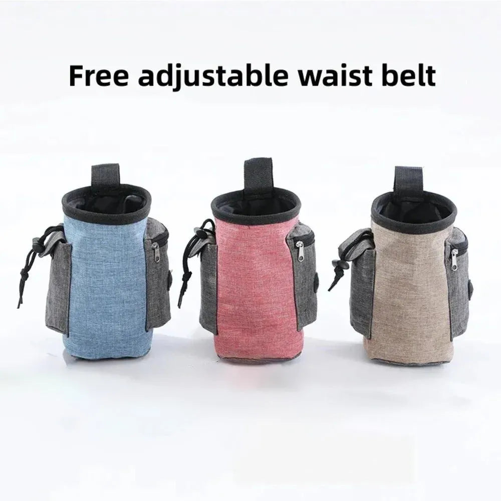 Adjustable elastic pet waist bag in blue colour with waterproof cloth compartments and plastic side clips