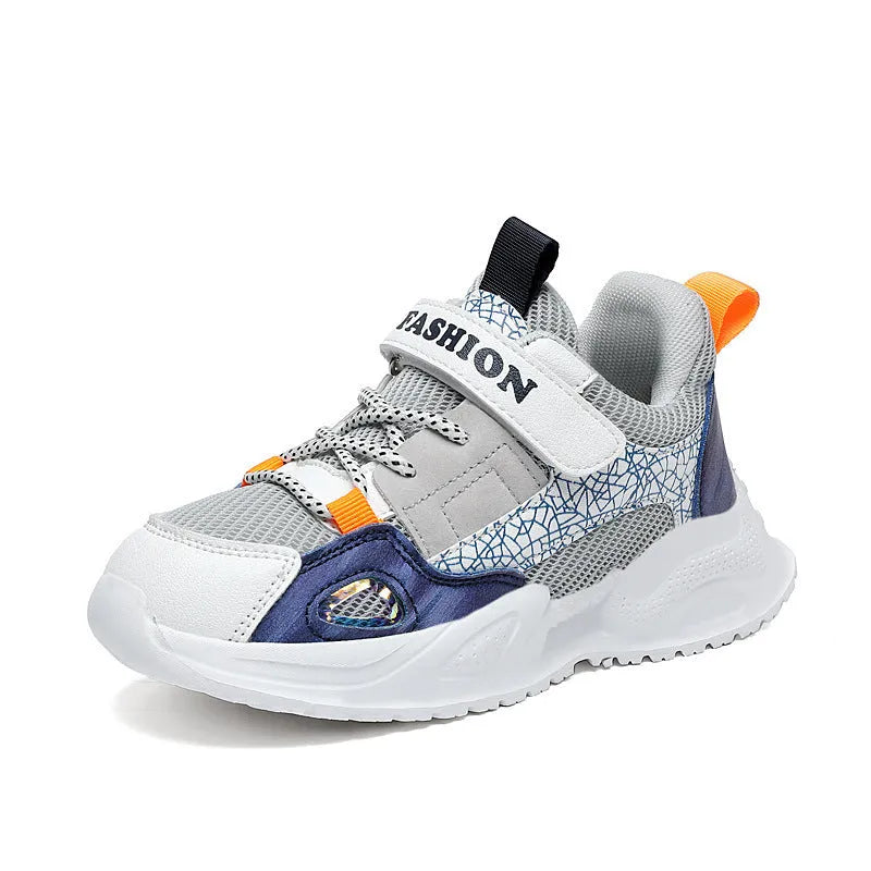 Children's boys running shoes with breathable synthetic leather upper, striped pattern, Velcro closure, black and blue colourway