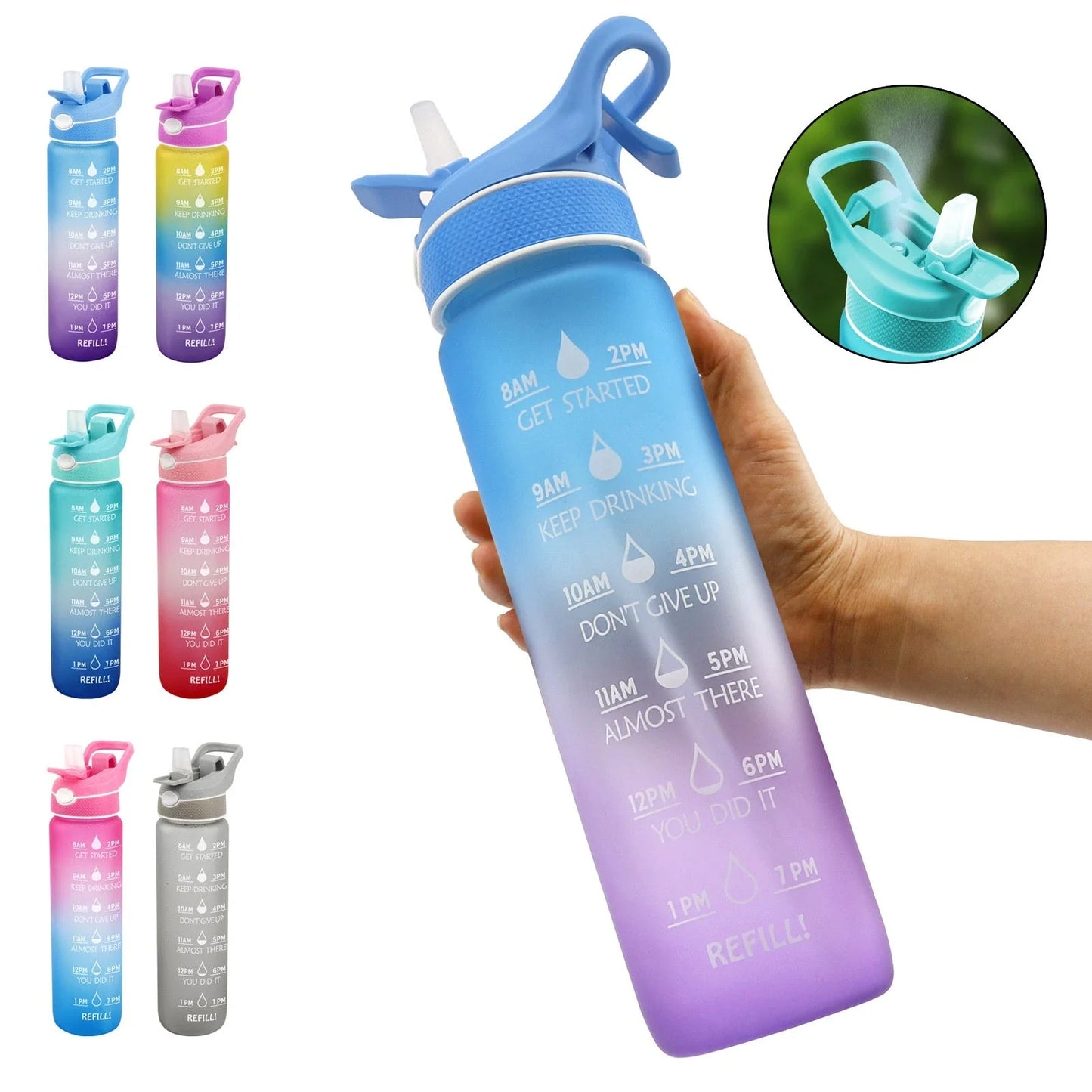 Premium reusable water bottle with one-touch open design, built-in sprayer, and personalized hydration tracking