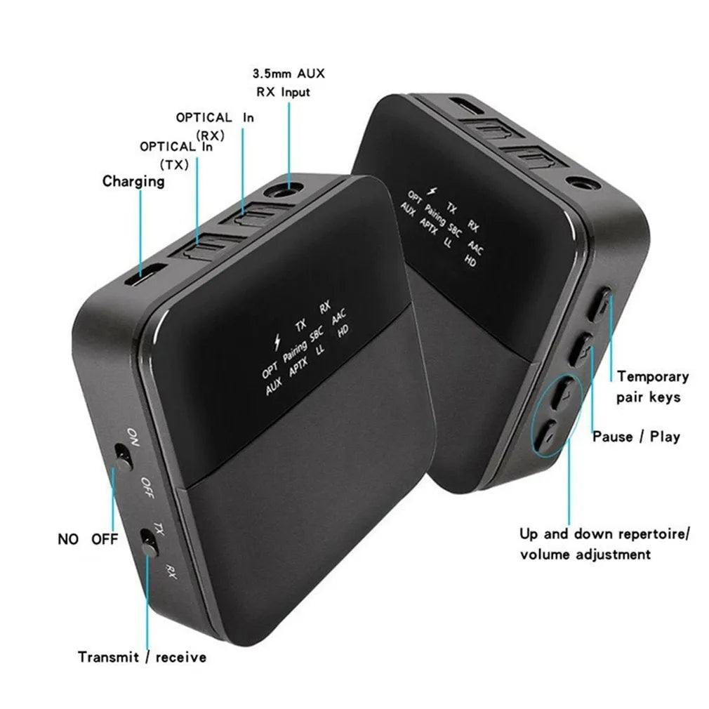 CSR8675 Bluetooth 5.0 adapter receiver in black with Micro USB charging port and AUX input