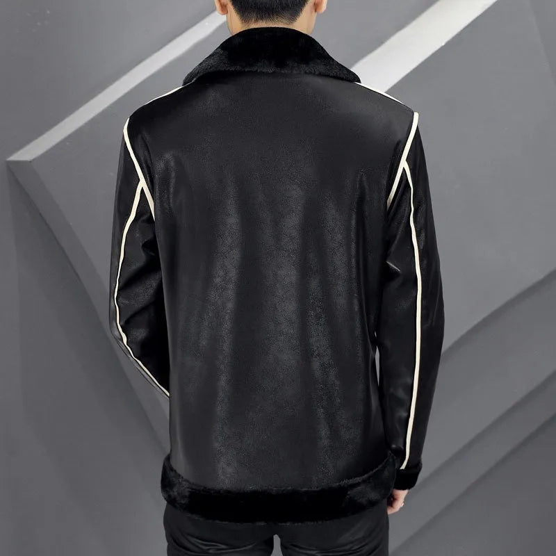 Men's corduroy winter coat with rabbit fur lining and suede leather accents, available in multiple colours and Asian sizes