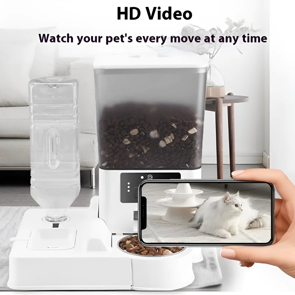 Pet intelligent feeder with stainless steel bowl showing four model options with video and voice calling features