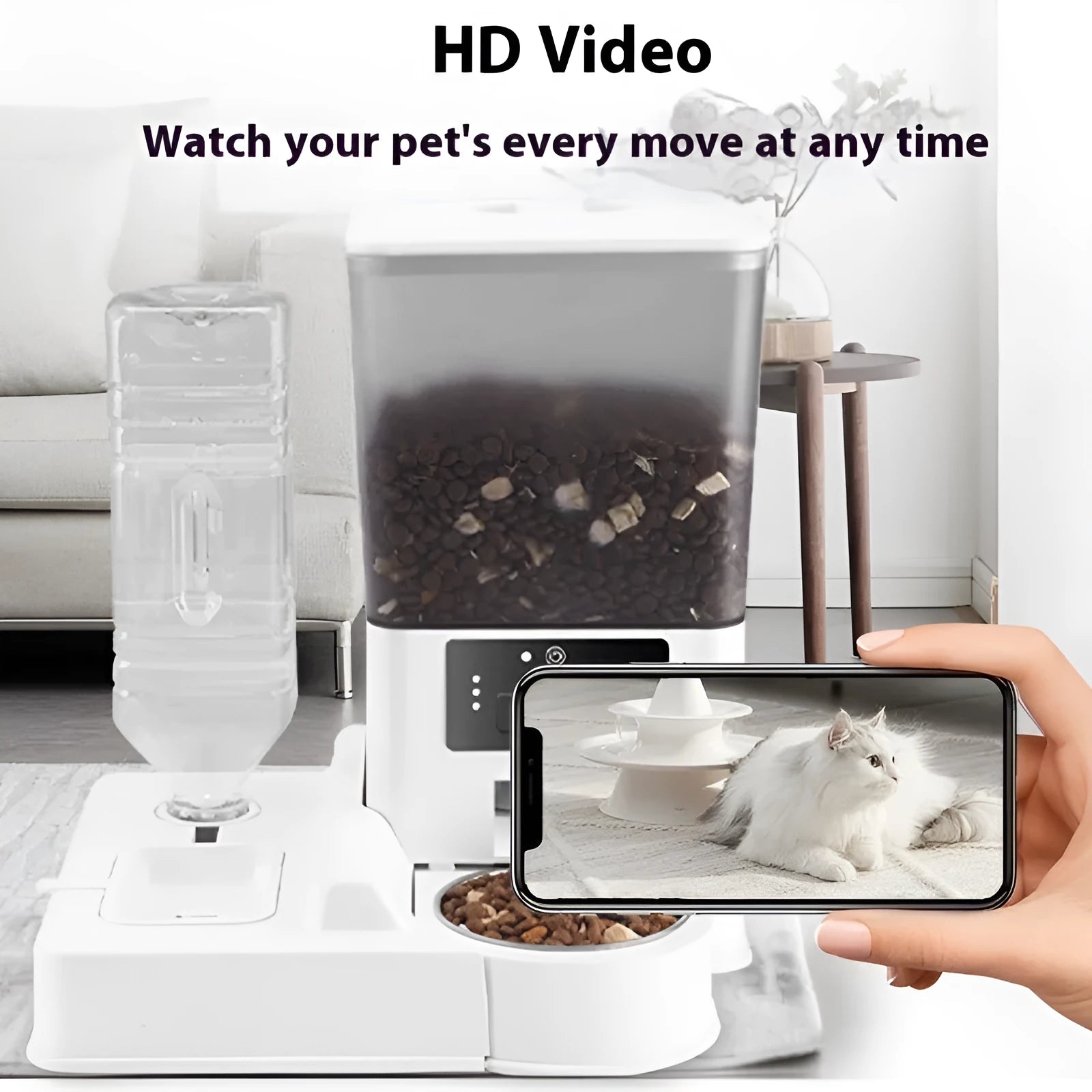 Pet intelligent feeder with stainless steel bowl showing four model options with video and voice calling features