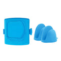 Red silicone baking tray with integrated handbag grip and matching heat-resistant gloves