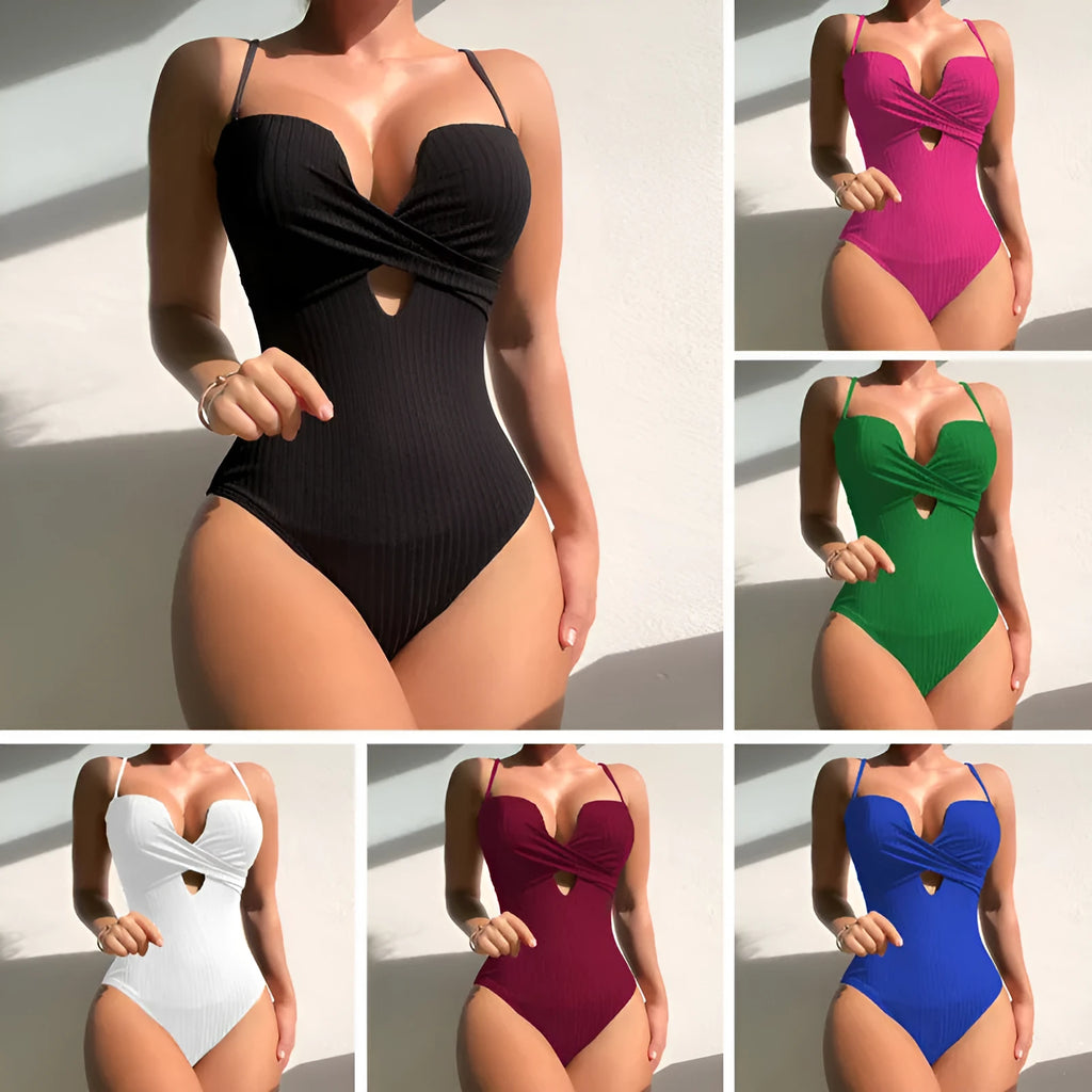 Women's solid colour one-piece swimsuit in polyester available in white, burgundy, and rose red sizes S to XL