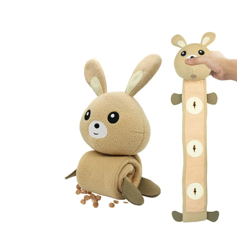 Plush poached bunny dog toy with food hiding compartments and soundmaking features