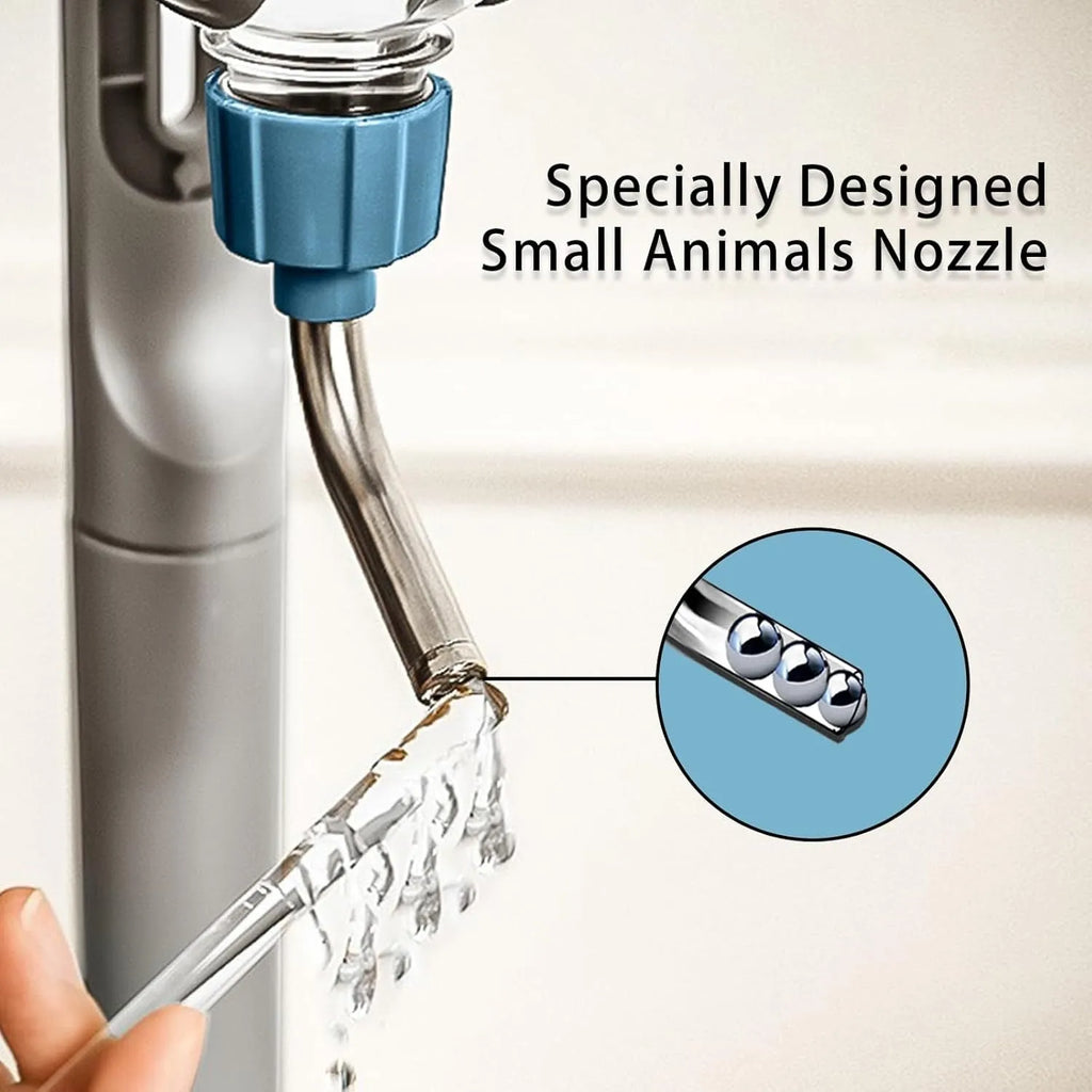 Blue small animal water bottle with rotatable nozzle and stainless steel ball valve for cage mounting