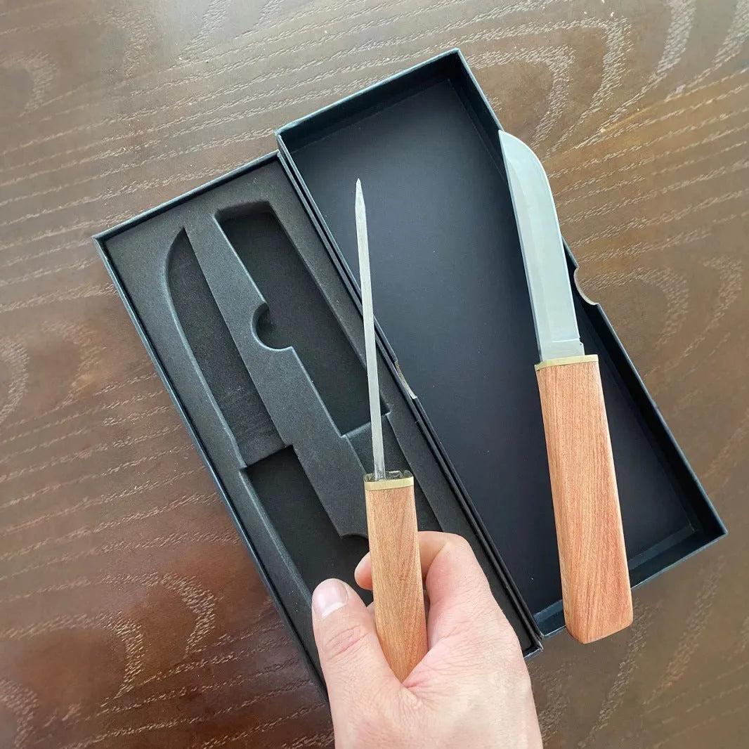 2-in-1 fruit knife set with pointed and square heads, stainless steel main material and wood handle area