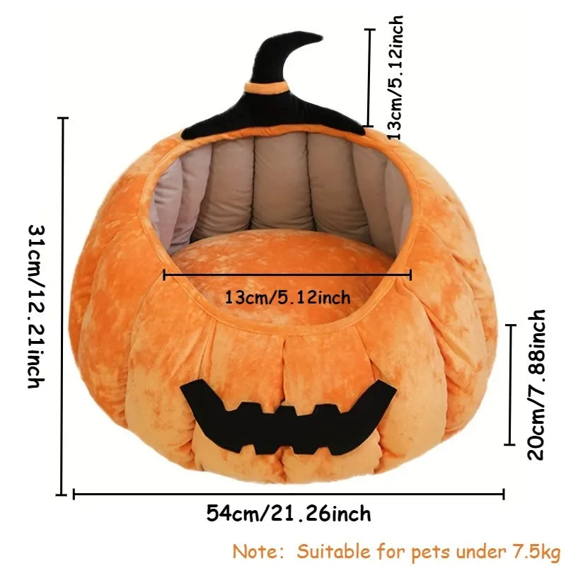 Halloween pumpkin design plush cat bed for cats and small dogs in orange colour.