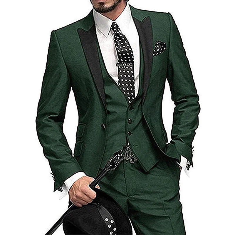 Men's three-piece slim fit wool serge suit in navy blue, shown as jacket, trousers, and waistcoat on a model