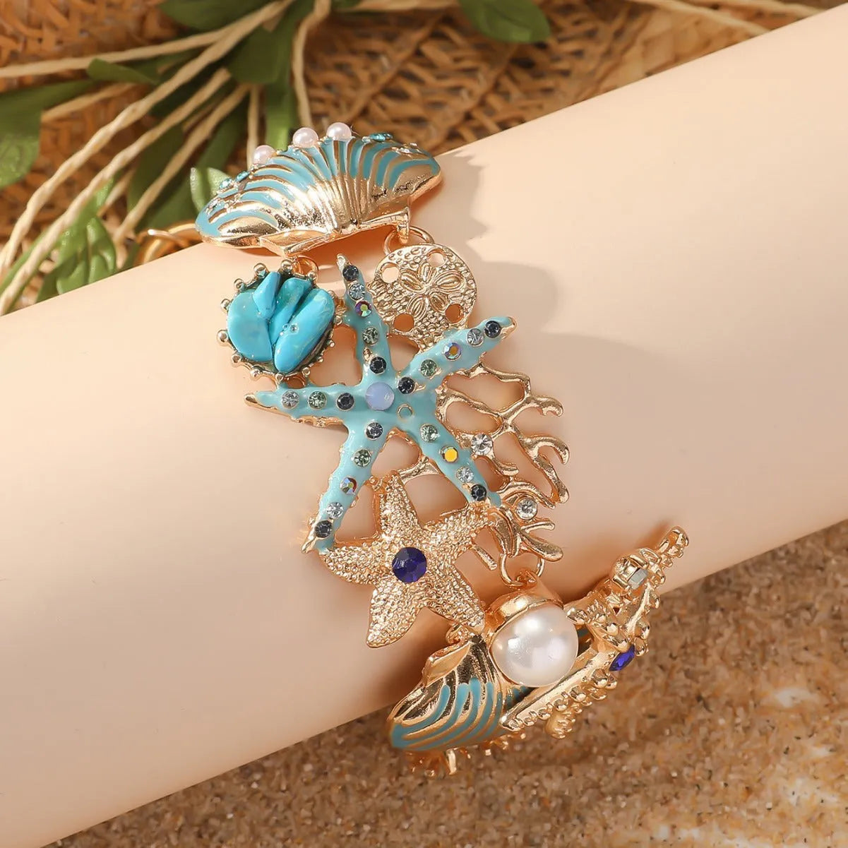 Alloy marine shell boat anchor rhinestone bracelet with starfish design in turquoise colour
