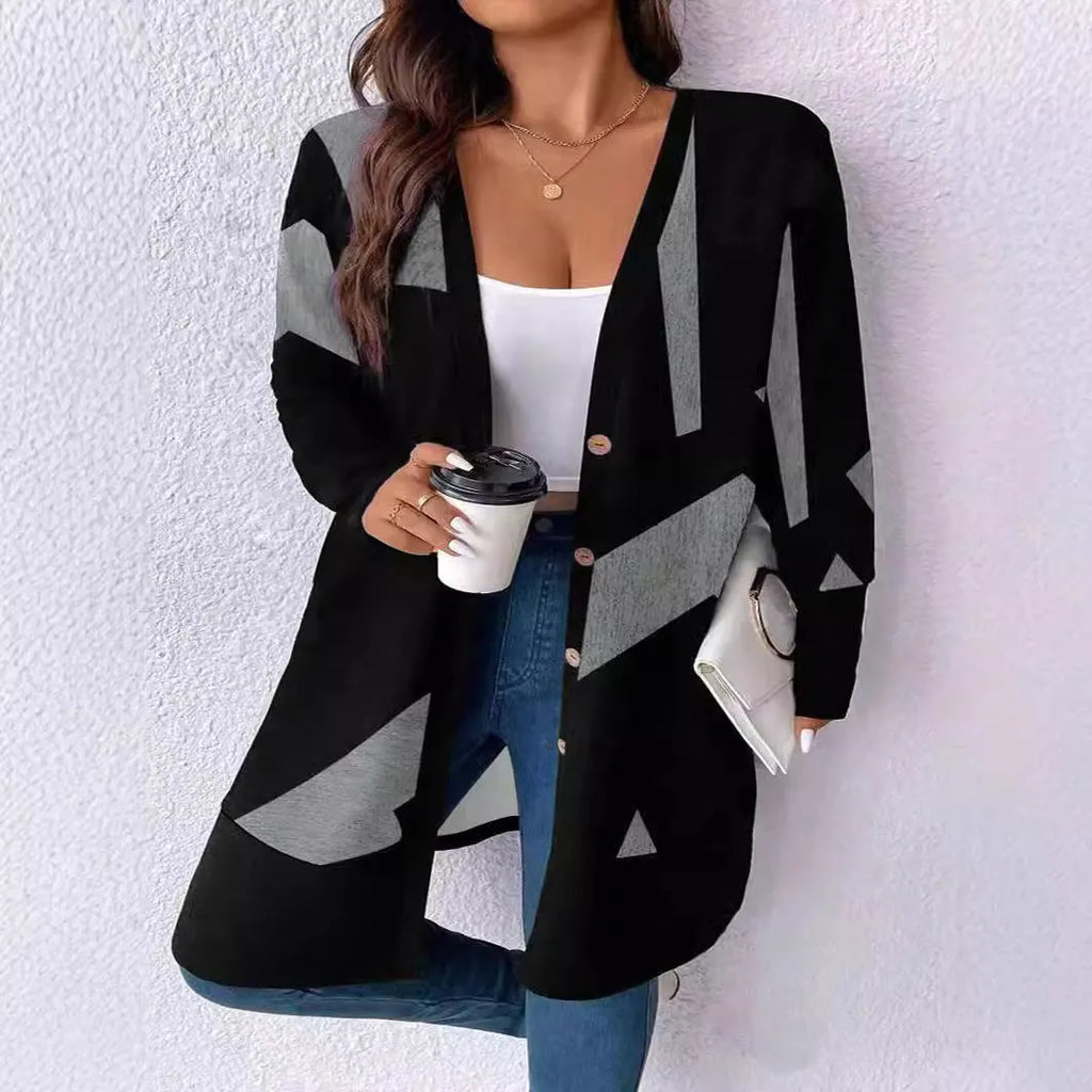 Black plus size casual coat cardigan with button stitching and print design, loose fit with regular sleeves