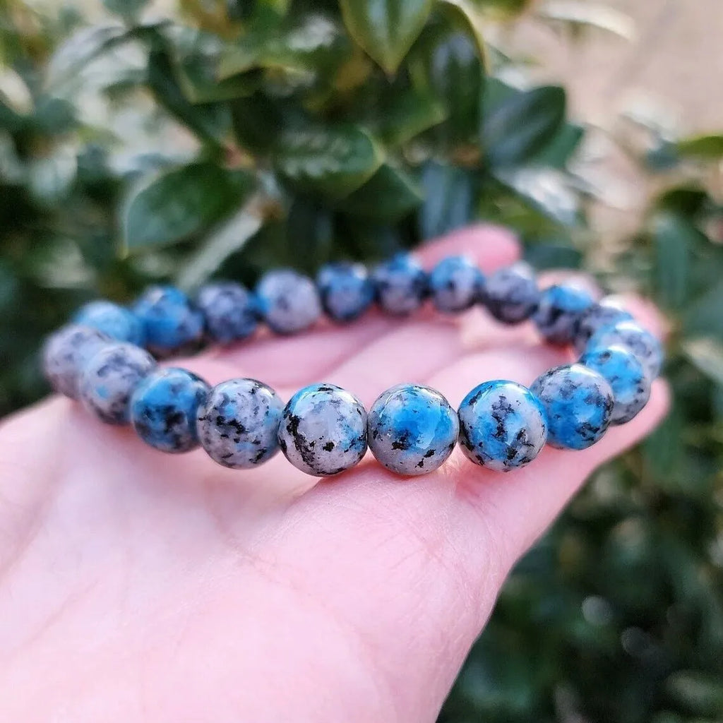 Handmade K2 azurite stone beaded bracelet with geometric design and adjustable length