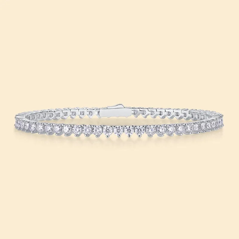 Silver platinum-plated moissanite bracelet with round-cut stones on a white background