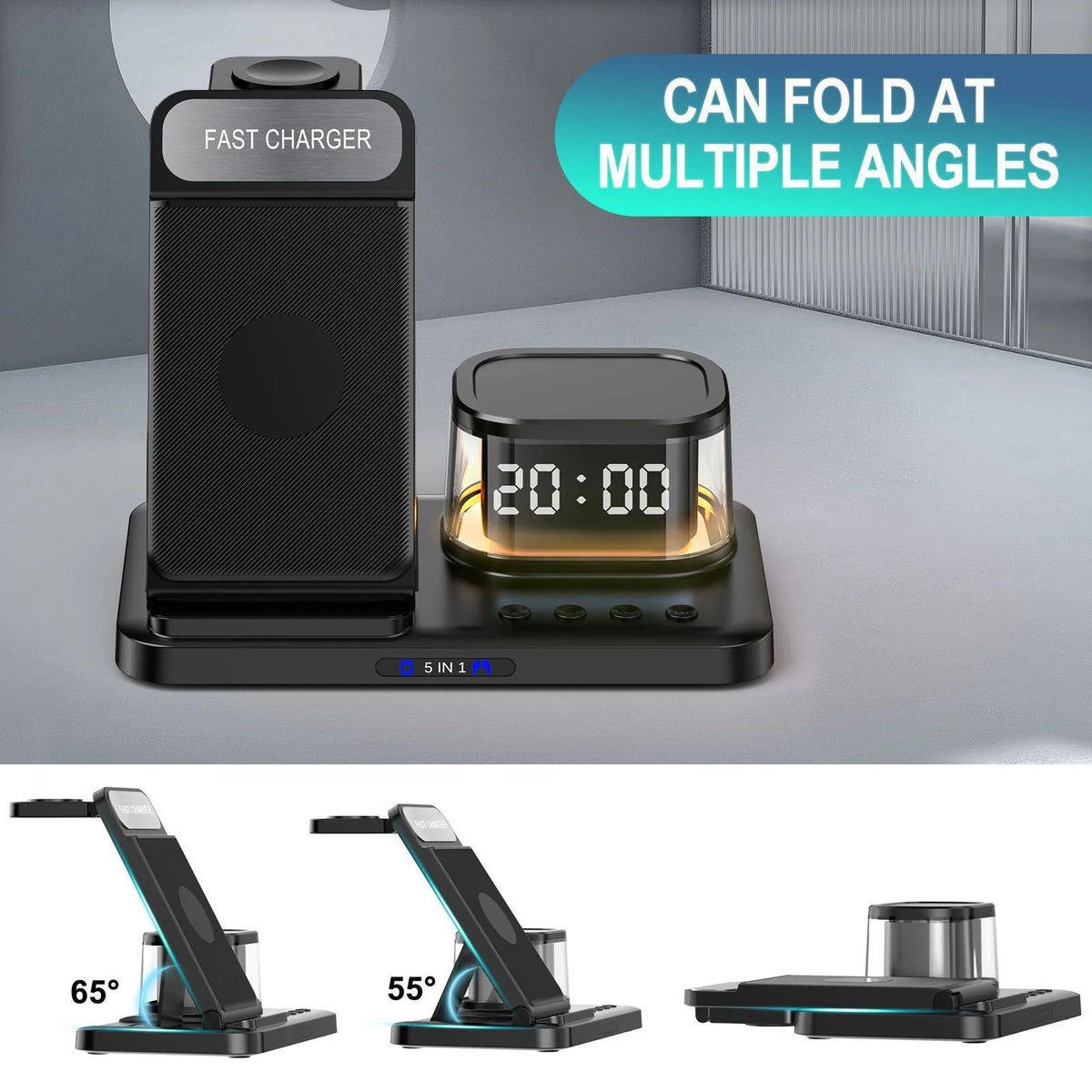 Black foldable wireless charging stand with USB outlet, QC3.0 fast charging and 15W maximum output