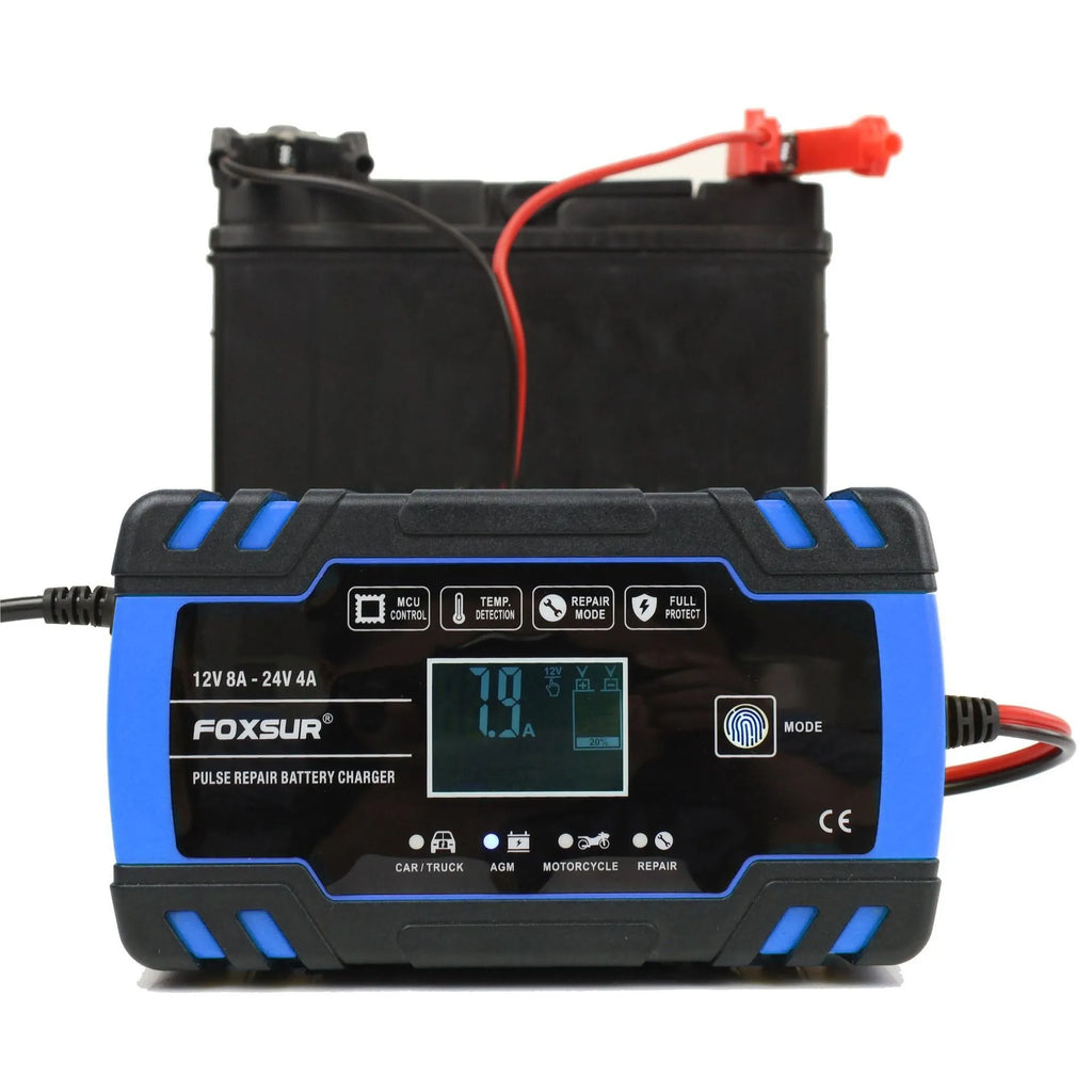 Blue universal smart battery charger for 12V 24V motorcycles cars trucks CE certified EU UK US plug