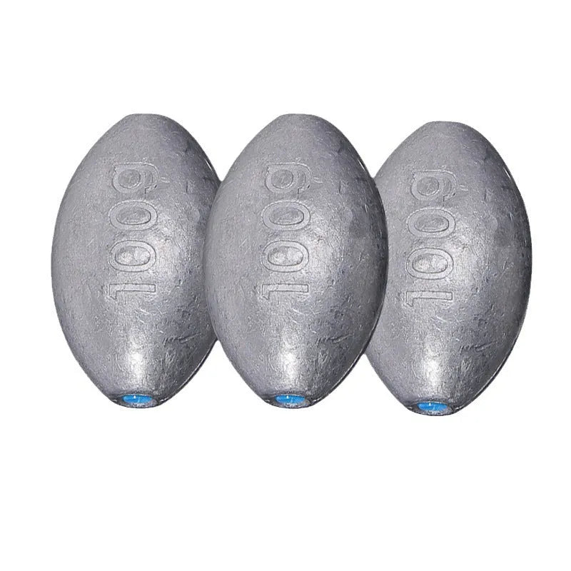 Rugby-shaped olive lead fishing sinker with scale Tongxin pattern, shown alongside weight options from 10g to 150g.